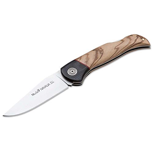 Muela Navaja NAVALIA-10M.OL hoja de 10 cm y empuñadura de micarta negra y olivo para Caza, Pesca, Supervivencia y Bushcraft Realizado en Ciudad Real + Portabotellas de regalo