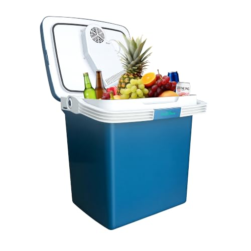 Image of Electric Cooler, 26 Liter Mini Fridge with Automatic Locking Handle (Blue) | Large Capacity Car Refrigerator, Dual Use Portable Car Fridge for Travel, Outdoor, Camping, Gift