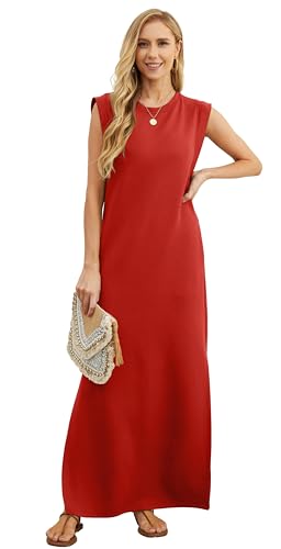 Image of GRECERELLE 2026 Women Year-Round Casual Round Neck Loose Split Wrinkle-Free Long Maxi Vacation Dress with Pockets (XXS-4XL)