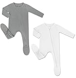 HAPIU Rayon from Bamboo Baby Footed Pajamas, 2 Way Zipper YKK, Footie for Baby Boy Girls, Newborn-24 Months, 2-Pack, Light Heather Grey&Cloud, 12-18M