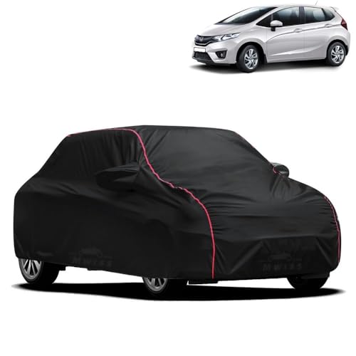 Image of Waterproof Car Cover for Honda City Jazz | All-Weather Protection, Dustproof & UV Resistant | Triple Stitched Mirror Pockets, Windproof Buckle Strap with Elastic Hem, Black-Red Piping