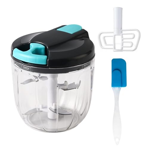STAWINM Multi-Function Manual Food Chopper, 900ml Pull String to Slice Vegetables, Kitchen Hand Food Shredder with 5 Stainless Steel Blades and Squeegee for Vegetables, Fruits, Meat (900ml Blue)