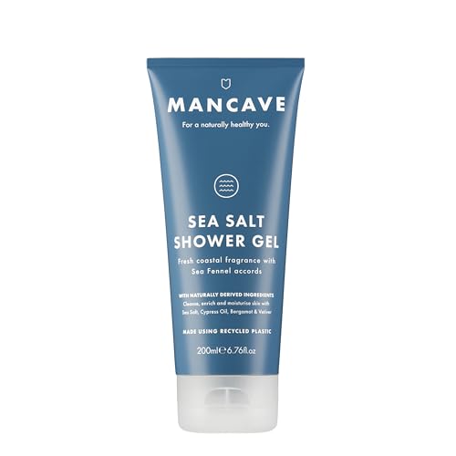 ManCave Gel de ducha de sal marina para hombre, aroma costero con hinojo marino, ciprés y bergamota, sin sulfatos ni parabenos, natural, vegano, libre de crueldad, 200 ml