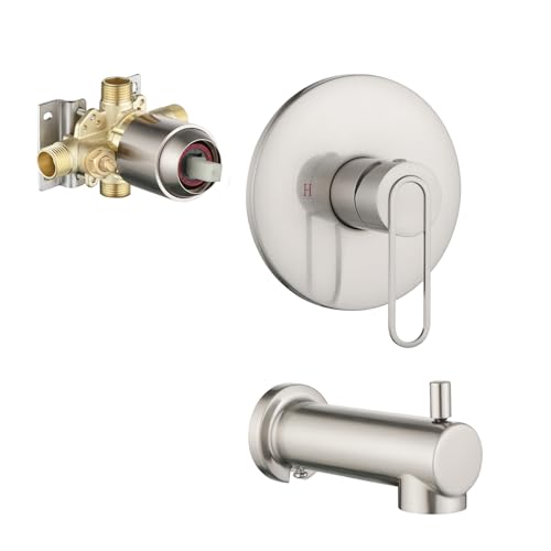 Kit de grifería para ducha con mezclador y salida para bañera, acabado níquel cepillado, montaje en pared, mango único, conexión roscada NPT 1/2 pulgada miniatura 1