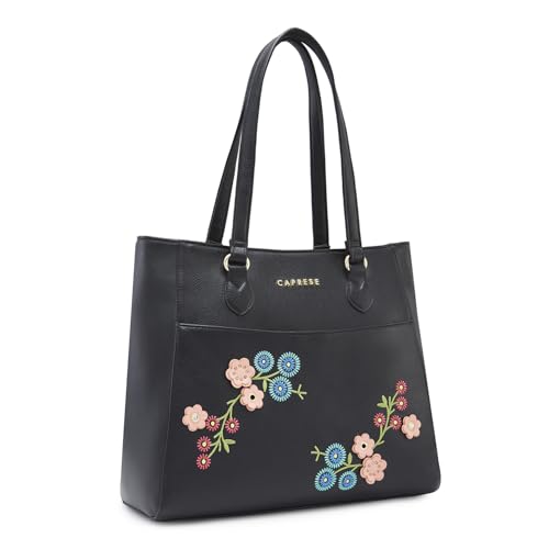 Image of Caprese Erica Tote Medium Black - Kiara Exclusive Floral Design, Spacious Interior, Middle Compartment, Trendy Shoulder Bag for Office and Daily use