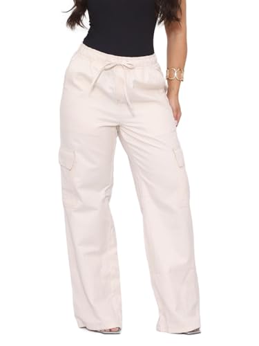 Calça Pantalona Wide Leg Feminina Sarja Clara com Bolso Cargo G