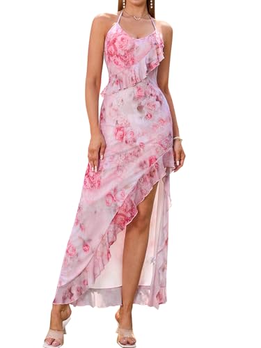 HTZMO Women Summer Floral Sexy V Neck Slit Maxi Dress Halter Tie Ruffle Flowy Casual Boho Beach Party Long Dresses