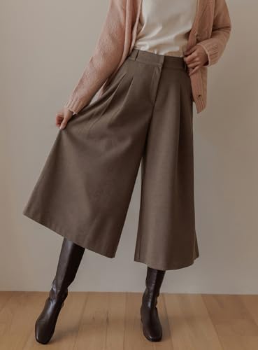 chouyatou Women's Wool Culottes Capri Cropped Pants Pleated Elastic High Waist Wide Leg Palazzo Trouser4