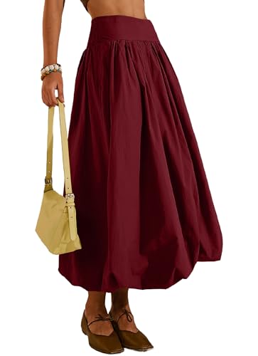 Women's Bubble Long Skirt Elastic Waist A-Line Pleated Ruffle Flowy Balloon Maxi Skirts with Pockets