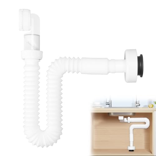 Sifón de 1 1/4 pulgadas, sifón flexible que ahorra espacio, fregadero de sifón ajustable de 360°, tubo de desagüe reemplazable para fregadero de cocina, lavadora, baño