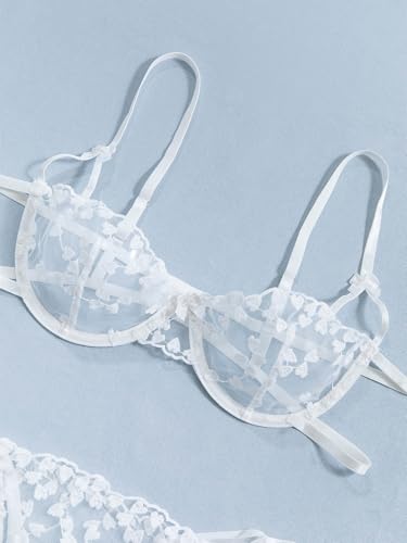 Image of Lilosy Sexy Tie Side Cute Underwire Push Up Strappy Embroidered Mesh Sheer Lingerie Set