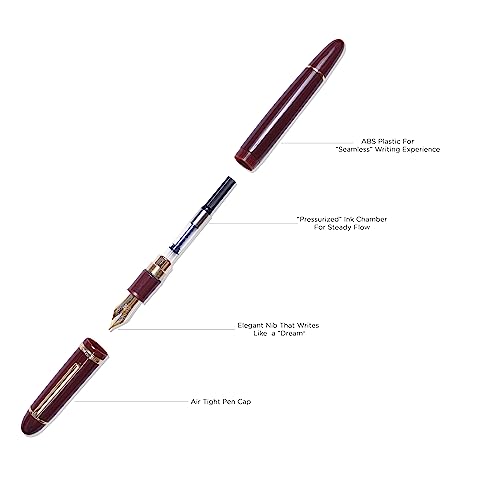Image of SCHMIDT X159 Fountain Pen Fine Nib Gold and silver Trim for Writing and Calligraphy with Refill Ink Converter (wine red (Gold trim))