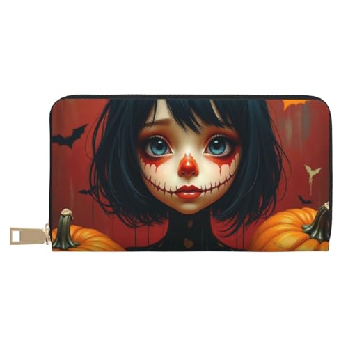 Wallet Women - Gothic Orange Pumpkin Print Leather Wallet for Women with Zipper, Cute Bifold Long Ladies Wallets