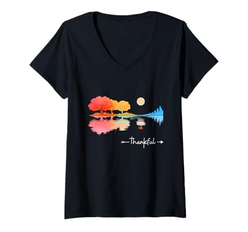 Photo de Femme Thankful Guitar Lake Shadow Guitarists Lovers Thanksgiving T-Shirt avec Col en V