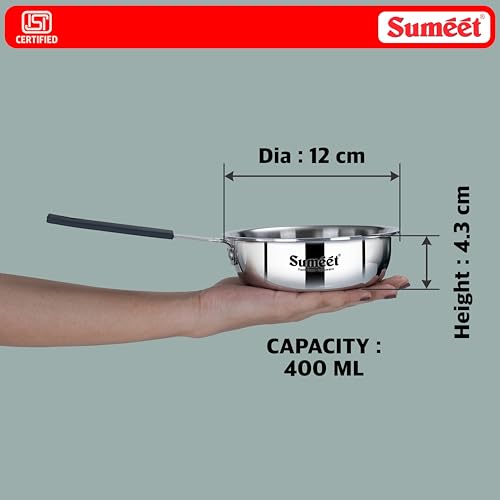 Image of Sumeet Cook Smart ISI Certified Tri-Ply (Steel - Aluminium - Steel) Mini FryingTadka Pan with Silicon Grip | Induction and Gas Friendly | 2.5mm Thick | 400ml -12Cm, Silver