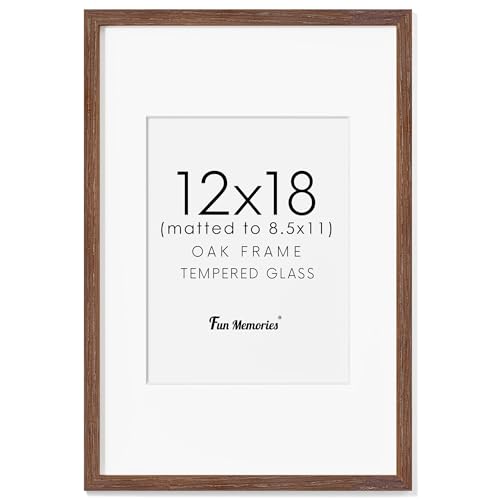 Fun Memories Solid Oak Wood Picture Frame 12"x18" for Wall - Tempered Real Glass, Matted to 8.5x11, Poster Frame (Walnut Color, 1 Pack)