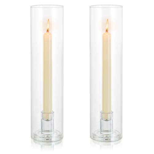 Inweder Glass Hurricane Candle Holder: Candlestick Holders for Wedding Table Centrepieces Clear Taper Candle Holder with Cylinder Shade for Christmas Party Event Home Decor 2 Pcs