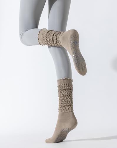 Image of Yawlsow Pilates Socks with Grips for Women Yoga Ruffle Grippy Non Slip Long Slouchy Scrunch Socks for Barre Workout Hospital