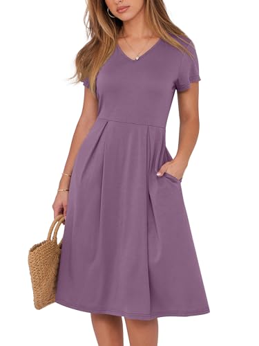 Image of ANRABESS Women Summer Dress Casual Short Sleeve V Neck A-Line Knee Length Pleated Flowy 2026 Fashion Midi Dresses with Pocket