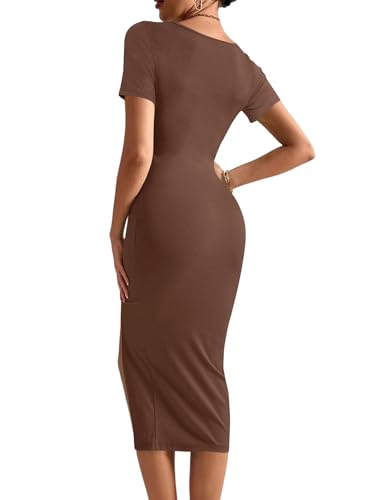Image of Rooscier Women's Twist Cutout Waist Split Crewneck Short Sleeve Bodycon Midi Dress