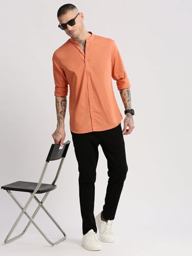 Image of SHOWOFFFF Men Solid Casual Shirt | Mandarin Collar Full Sleeves Cotton Shirt for Mens | Slim Fit Regular Length Shirt for Men's