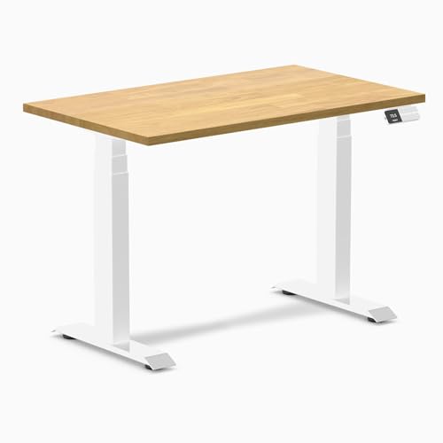 Image of Desky Small Electric Standing Desk, 40 x 24 inches Rubberwood Height Adjustable Sit Stand Desk with Dual Motor and Memory Presets, Compact Home Office Workstation - Light Oak Wood Top