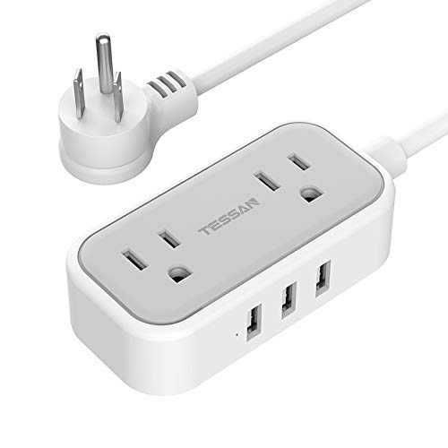 Small Flat Plug Power Strip for Cruise Ship, TESSAN Ultra Thin Extension Cord with 3 USB and 2 Outlets Mini Charging Station, 5 ft Slim Plug for Travel Office School Dorm Room Essentials 5 F