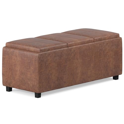 SIMPLIHOME Avalon Storage Ottoman - 42 inch Wide Upholstered Vegan Leather Rectangular Flip-Top Ottoman in Distressed Saddle Brown, Contemporary Coffee Table Ottoman for Living Room with Storage