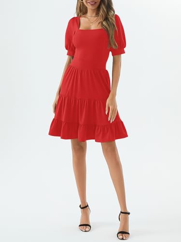 Image of Women's Square Neck A-Line Summer Dress Puff Sleeve Flared Swing High Waist Smocked Flowy Midi Casual Dress for Office /Party Red