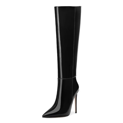 AMBELIGHT Knee High Boots for Women Stiletto Heel Patent Pointed Toe Pull On Long Boots Elegant Sexy Fashion Fall Winter Tall Boots 4.8 Inch