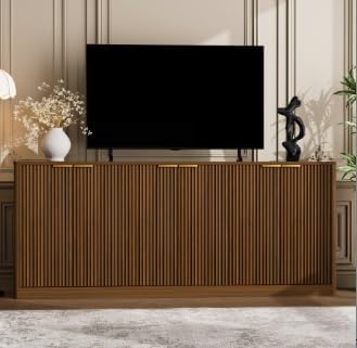 67-Inch Modern Wavy Sideboard, Walnut Wood Storage Cabinet with 6 Doors for Living Room TV Stand or Dining Room Buffet