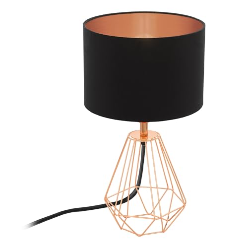 EGLO Lámpara de mesa CARLTON 2, lámpara de mesa vintage con 1 bombilla, lámpara de mesita de noche de acero y tela, colores cobre, negro, casquillo E14, interruptor incluido