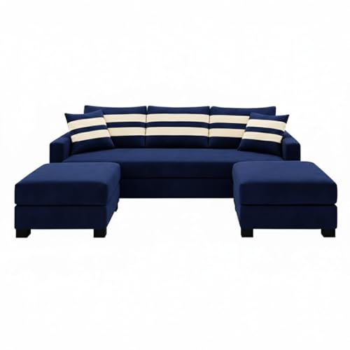 Image of Kassian Rich Velvet Suede 3 Seater Sofa Set with 2 Ottomans | Spacious Soft Touch Comfort Seating | Modern Sofa for Living Room - Dark Blue