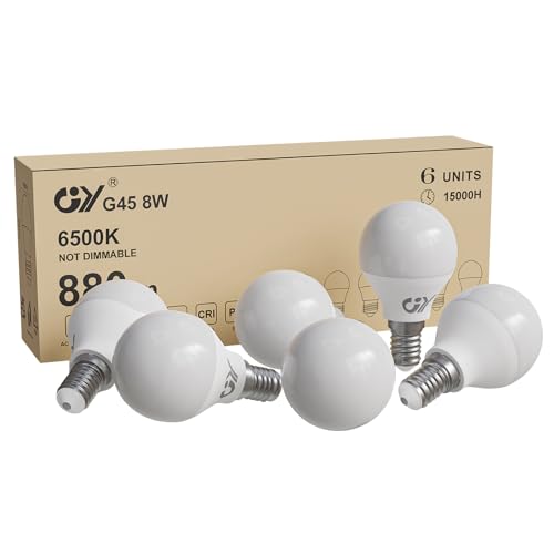 GY Bombilla LED E14 Luz Fría 6500K 8W 880LM, Bombillas Miniesfèrica G45 Rosca fina, sin Parpadeo, CRI＞80, Ahorro Energético, No Regulable, 6 Pieza