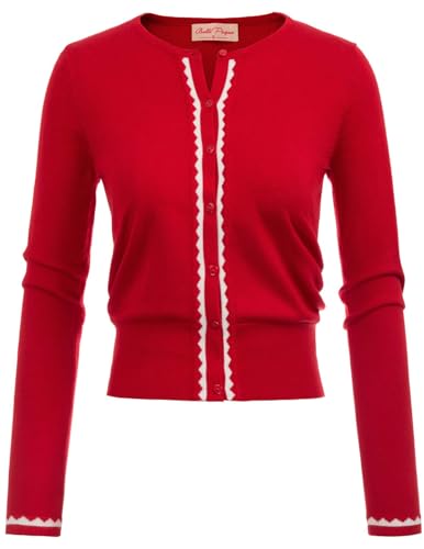 Image of Women's Cardigan Sweater Color Block Long Sleeve Crew Neck Knit Cardigan Trendy Cropped Cardigan Shrug