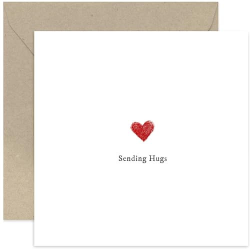 Simple Heartfelt Thinking of You Cards for Friends and Family - Sending Hugs Cancer Diagnosis Break Up Bereavement Condolences - Red Pencil Heart Illustration - Blank Inside