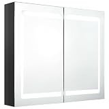 Yisssmeng Armadietto a specchio a LED per bagno nero lucido, 80 x 12 x 68 cm, in MDF melammina con 3 ripiani e 2 strisce LED LED, design moderno per bagno e WC degli ospiti