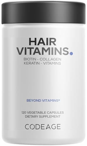 Codeage Hair Vitamins 10000 mcg Biotin, Keratin, Collagen, Vitamin A, B12, C, D3, E, Zinc, Turmeric, Probiotics, Enzymes, Inositol - Hair Care Support - Healthy Hair Supplement Pills - 120 Capsules