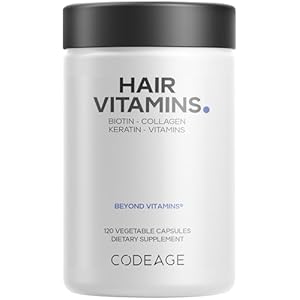 Codeage Hair Vitamins 10000 mcg Biotin, Keratin, Collagen, Vitamin A, B12, C, D3, E, Zinc, Turmeric, Probiotics, Enzymes, Inositol – Hair Care Support – Healthy Hair Supplement Pills – 120 Capsules