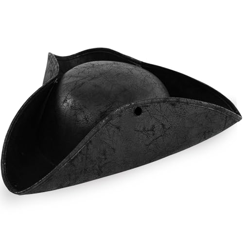 Black Pirate-Hat Women Tricorn Leather Hat Men Vintage Wrinkle Pirate Hat for Halloween Party Costume Accessories