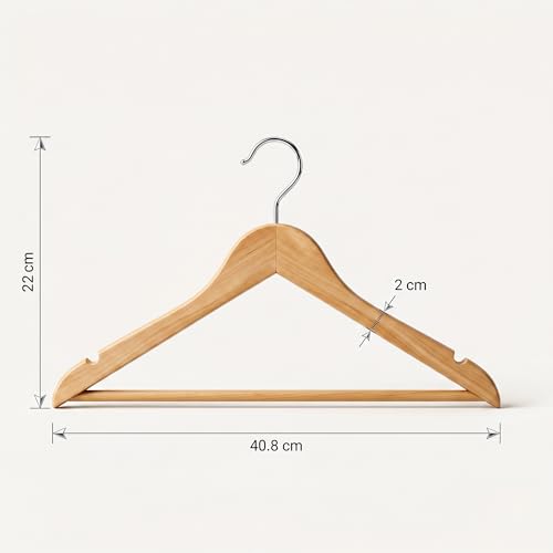Image of Wooden Clothes Hangers Pack of 10, Natural Solid Wood Coat Hangers with Chrome Swivel Hook, Smooth Finish for Shirts, Suits, Dresses & Jackets, Space Saving Wardrobe Organizer (Light Brown)