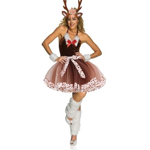 Reh Kostüm Damen, Rentier Kostüm, Hirsch Blumenstirnband und Tüllrock Braun, Karneval Cosplay Kostüms mit Gesichtsaufkleber, Elch Cosplay für Halloween, Karneval, Mottoparty