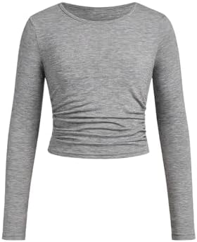 SOLY HUX Girl's Round Neck Long Sleeve Ruched T Shirt Crop Tops Slim Fit Solid Tee