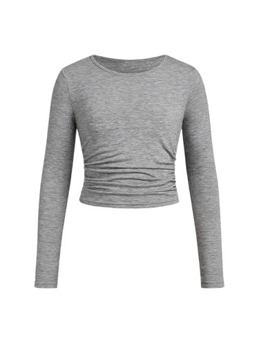 SOLY HUX Girl's Round Neck Long Sleeve Ruched T Shirt Crop Tops Slim Fit Solid Tee