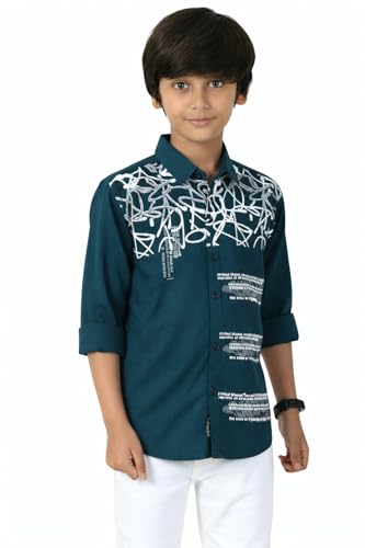 Image of Zilcon Boys Half & Half Long Sleeve Shirts Classic Collared Button-Down Tshirt Solid Cotton Letter Printed Kids & Junior Boys Shirt
