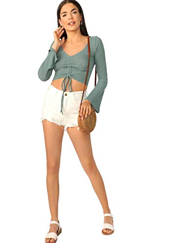 Image of SweatyRocks Women's Adjustable Drawstring String Long Bell Sleeve Rib Knit Sexy Crop Top