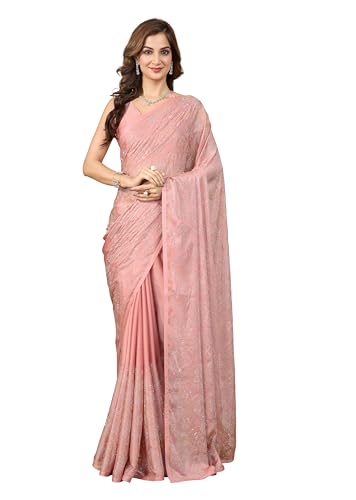 Image of TRENDMALLS Women's Chanderi Silk Siroski Work Saree with Unstitch Blouse Piece (K1152-Orange)