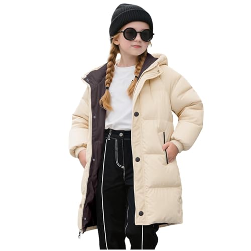 Guqmjde Winterjacke Mädchen Daunenmantel Lang Puffer Jacke Warme Wintermantel Kinder Daunenjacken Winddicht Outdoorjacke Casual Kapuzenjacke Freizeitjacke Mode Kinderjacke Thermo Mantel Beige 140