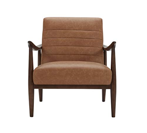 Image of Amazon Brand - Rivet Spear Mid-Century Modern Channel Tufted Leather Accent Chair with Wood Arms, 29.1 inchW, Cognac Brown
