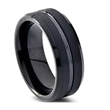 Lirzxin Alianzas de boda de carburo de tungsteno para hombres, anillos de compromiso para hombres de 6 mm/8 mm de ancho, cepillado con ranura, Acero de tungsten, Sin piedra preciosa